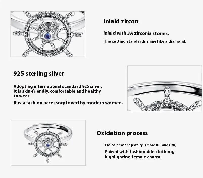 Retro rotatable rudder silver ring for women with inlaid zircon open mouth adjustable