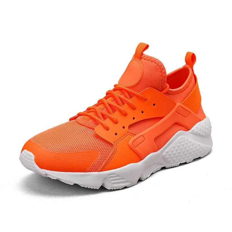 Men's fluorescent red mesh low top casual shoes with cross strap and white lace-up front on a flat MD sole.