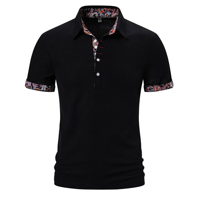 Men's white cotton blend polo shirt with a turnover collar and short sleeves on a hanger.