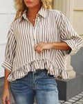 Women's casual loose striped shirt with ruffled hem and short sleeves in polyester, available in multiple colours