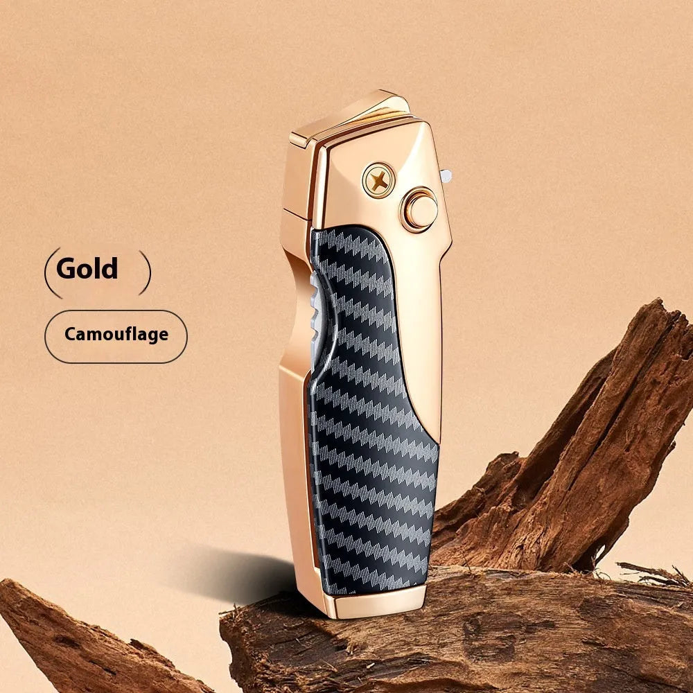 Zinc alloy metal folding lighter and knife multi-tool in a wood grain finish.