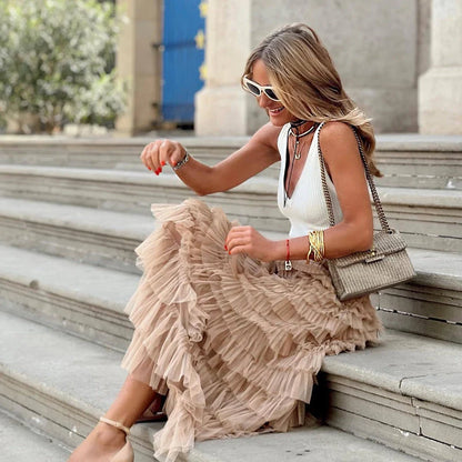 Women's layered ruffles cake skirt in mesh fabric, available in multiple colours