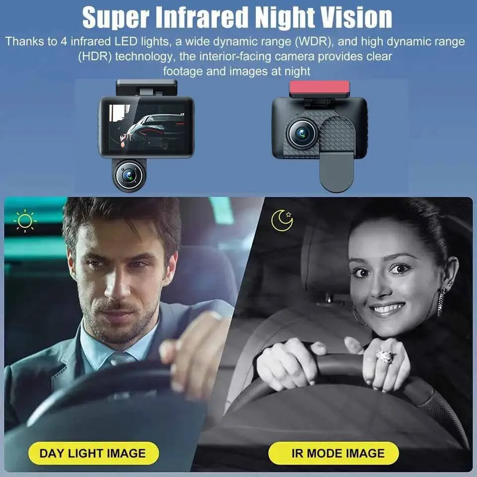 4 inch black dashcam with touch screen showing 1080P HD recording and infrared night vision display