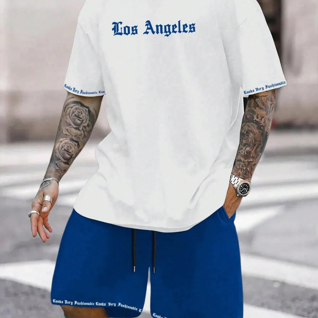 Men's sports style short-sleeved suit set with matching shorts in polyester blend fabric