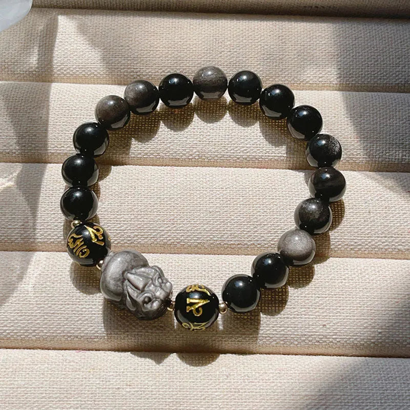 Men's silver stone bracelet with zodiac symbols and Chinese proverbs on black background