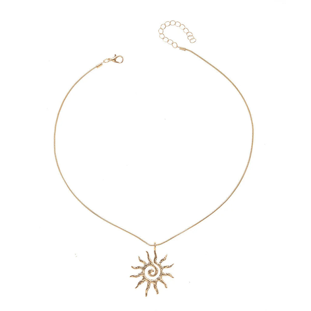 Gold sun hollow pendant necklace and earrings set with electroplated finish on zinc alloy