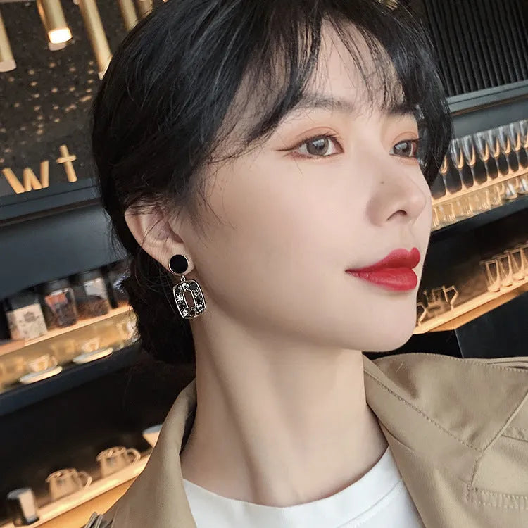 Women's retro crystal square earrings with rhinestones, silver needle post, electroplating alloy, Japanese Korean style