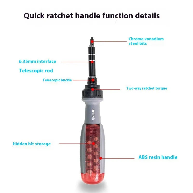 Ratchet two-way retractable screw bits set shaped screwdriver with chrome vanadium steel construction and magnetic tip