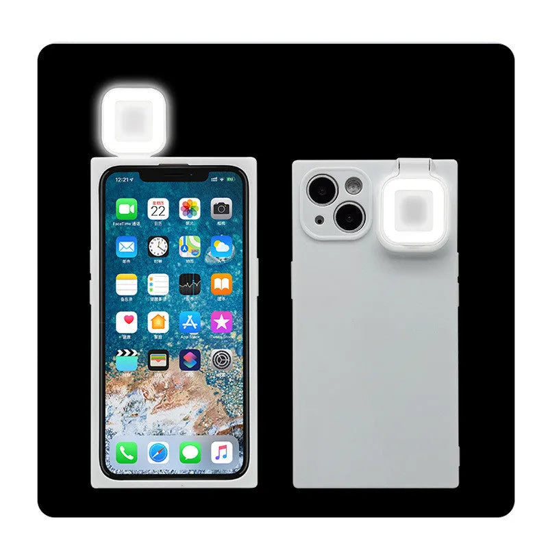Ring flashing mobile phone case for iPhone 13 in solid colour with integrated selfie light.