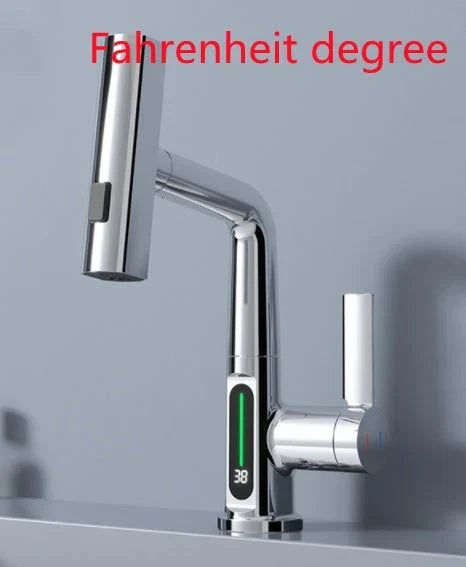 Sleek digital faucet with 360-degree swivel spout and LED temperature display for modern kitchen or bathroom