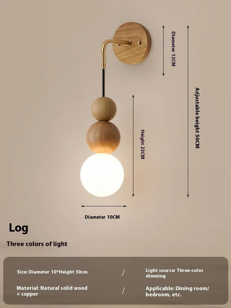 Wood and copper wall lamp with lollipop shade and tri-colour light for bedside or living room.
