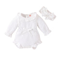 Baby girls long sleeve cotton sunken stripe romper jumpsuit with headscarf in white, pink and brown for heights 60-100cm