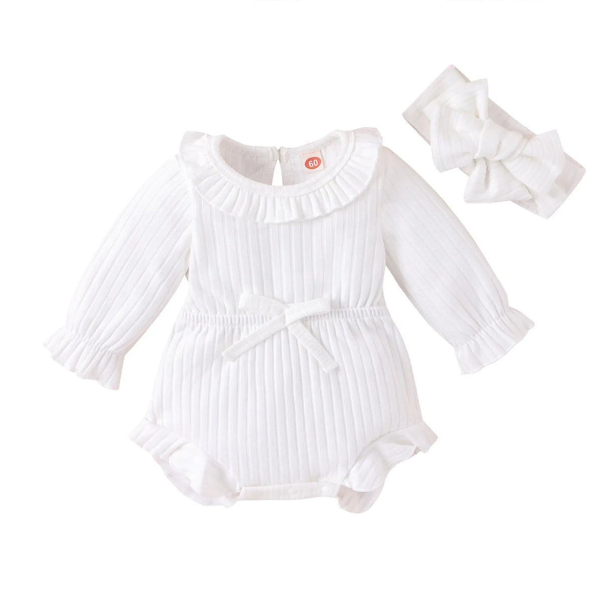 Baby girls long sleeve cotton sunken stripe romper jumpsuit with headscarf in white, pink and brown for heights 60-100cm