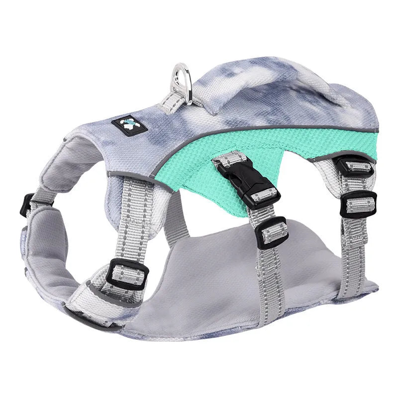 Reflective lightweight blue pet cooling chest strap harness for dogs