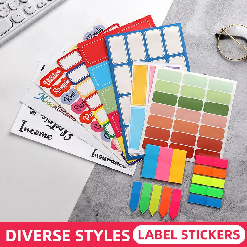 Handwritten label stickers showing 16-grid blue, 21-grid, and 24-grid adhesive designs for organisation