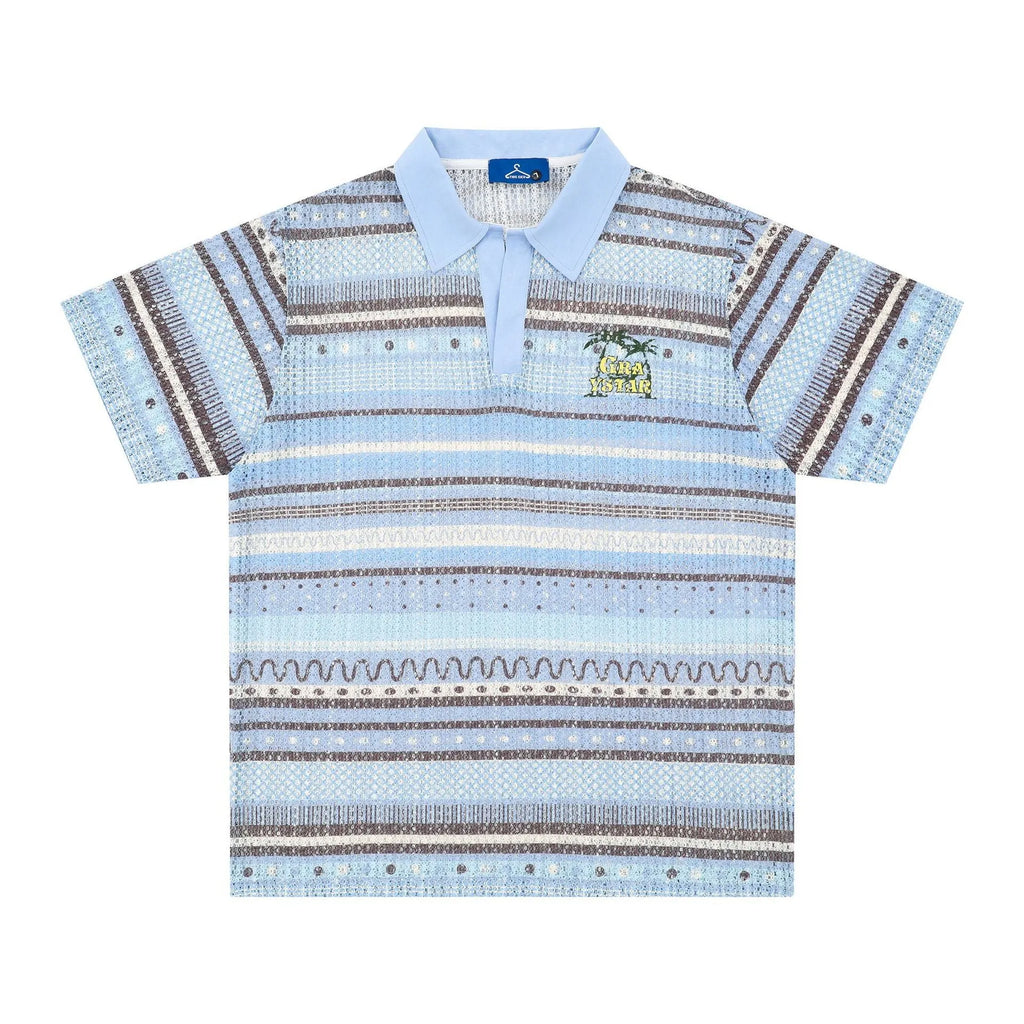 Men's blue printed casual short sleeve shirt with elastic fabric shown front view