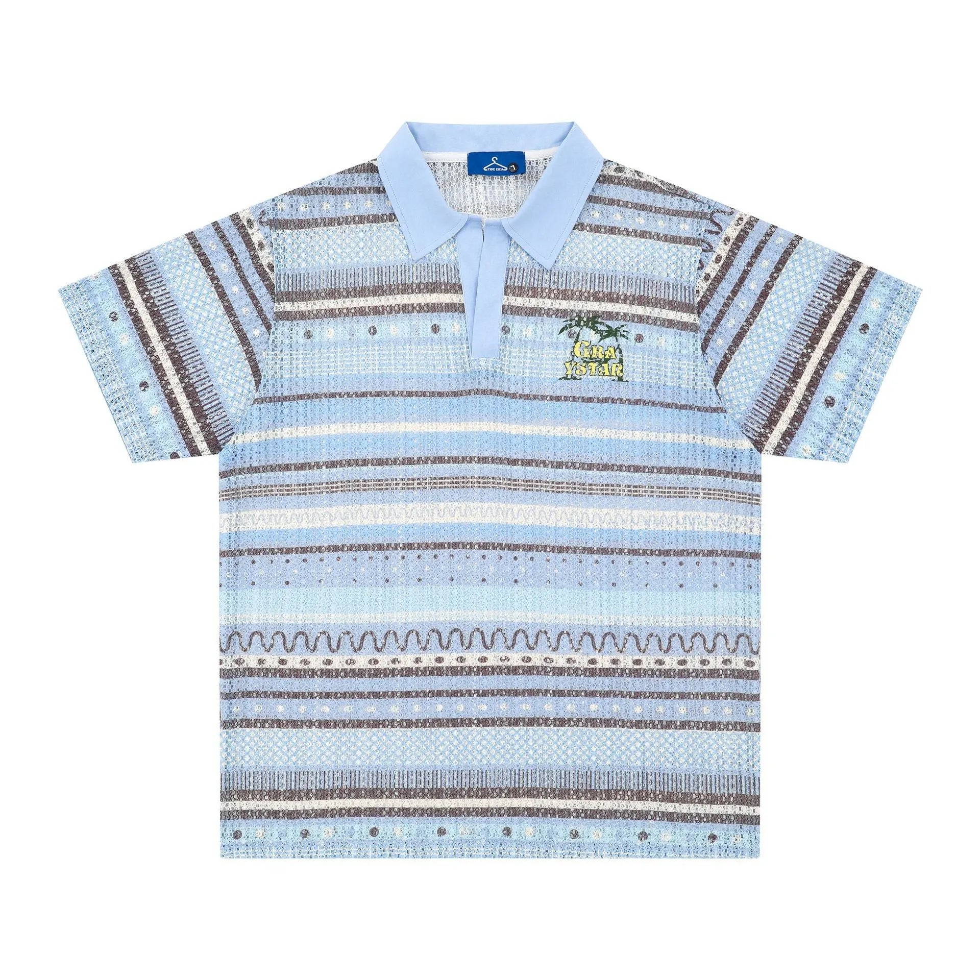 Men's blue printed casual short sleeve shirt with elastic fabric shown front view