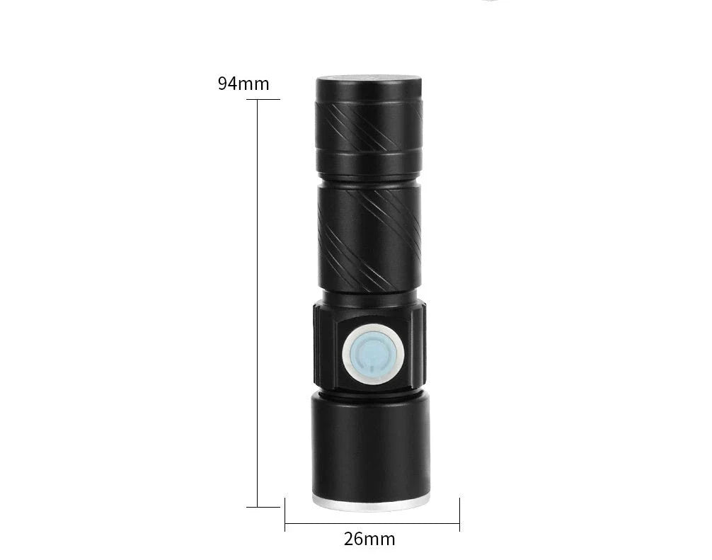 Mini waterproof rechargeable LED flashlight with USB charging and telescopic zoom