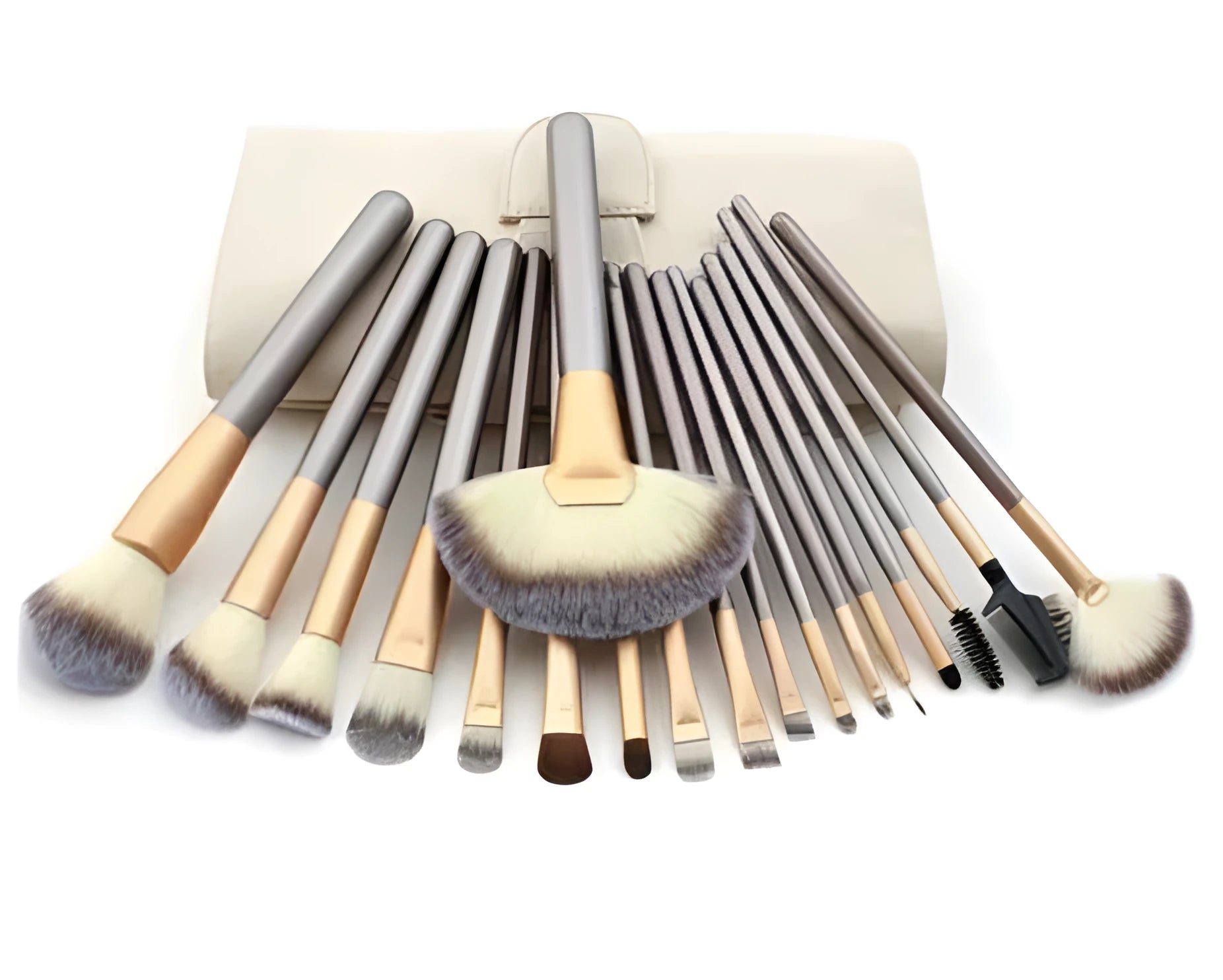 Persian makeup brush set with rice white bristles and champagne handles in 12, 18, or 24 brush options
