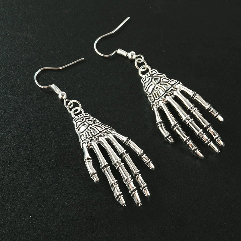 Halloween Vintage Carved Skull Skeleton Hands Earrings in gold, bronze, and silver