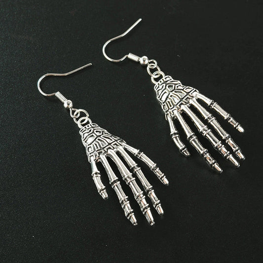 Halloween Vintage Carved Skull Skeleton Hands Earrings in gold, bronze, and silver