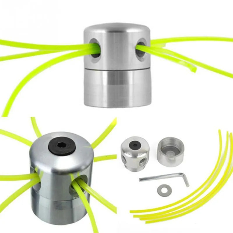 Silver aluminium lawn mower grass head kit with four light yellow square trimmer ropes and a wrench.