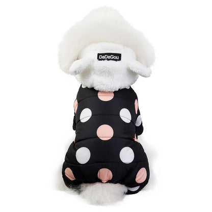 Big polka dot cotton coat with four-leg design in pink, black, and light yellow