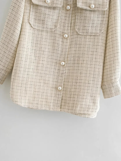Women's beige plaid thick coat with pearl buttons, long sleeves, lapel collar, and side pockets in size M