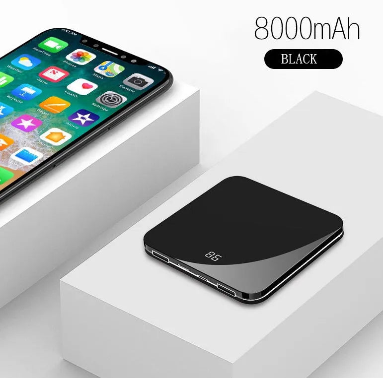 Ultra-thin mirror mini power bank with LCD display – 8000mAh alloy shell in three colours