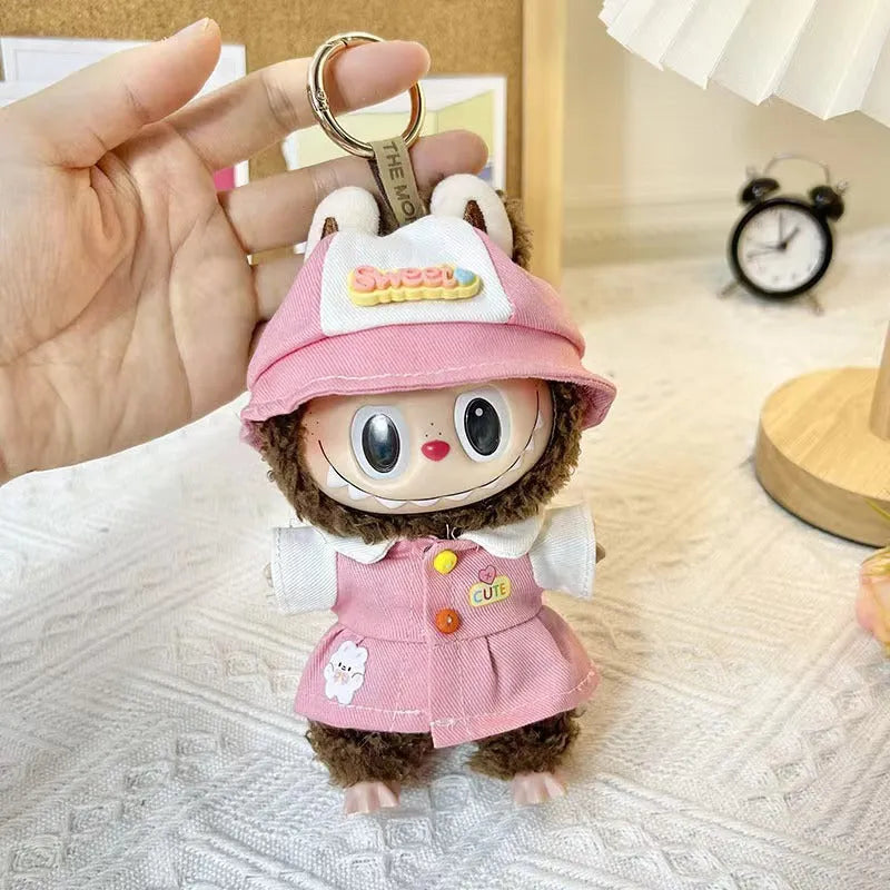 15cm doll clothes pendant in plush fabric, removable and washable, featuring a themed suit design for small dolls