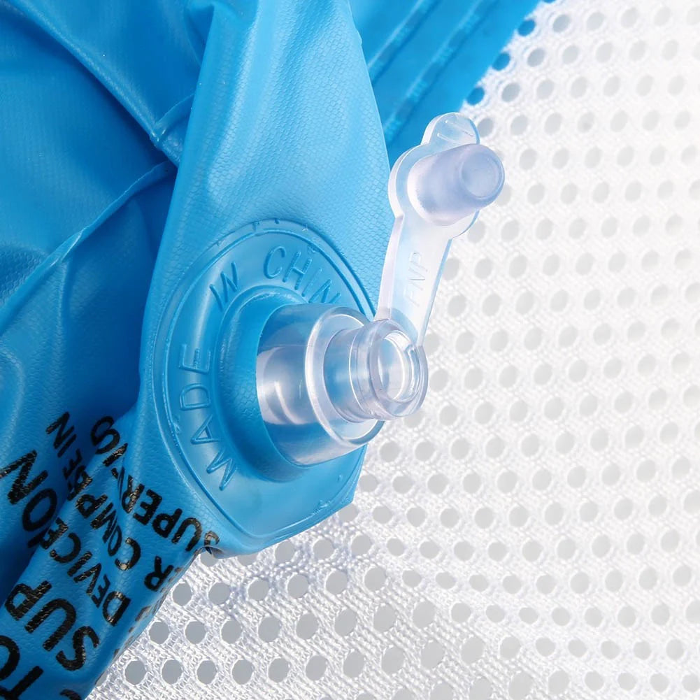 Inflatable water lounge chair in blue, floating in pool with hammock design visible