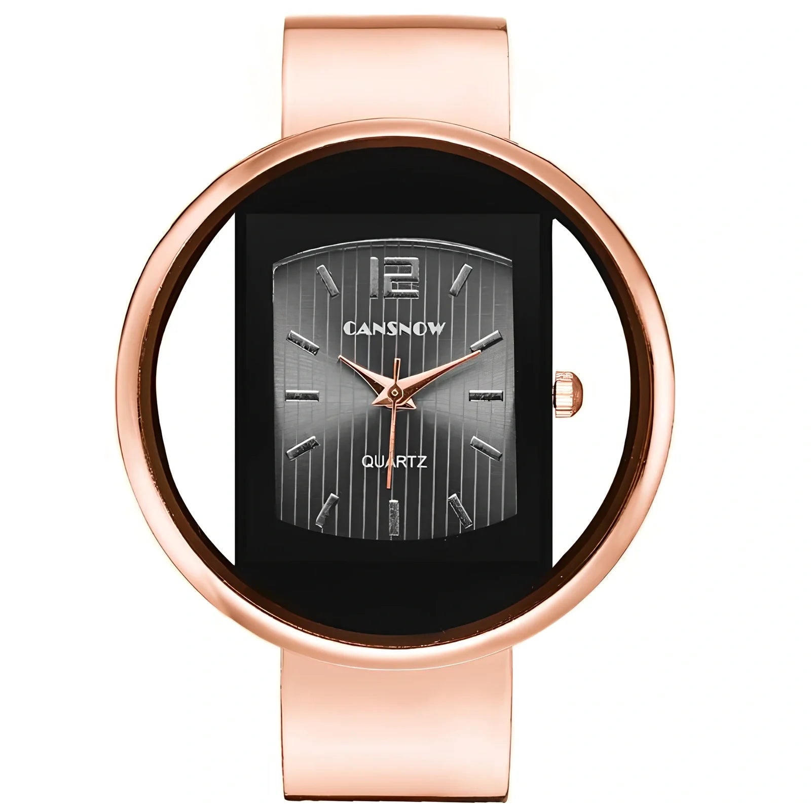 Women's gold black quartz cuff watch with 40mm dial, adjustable steel band 18mm wide, precise movement and water resistant