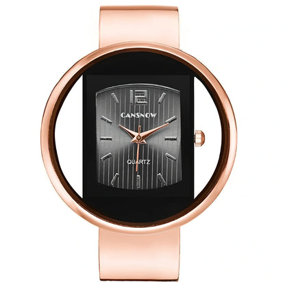 Women's gold black quartz cuff watch with 40mm dial, adjustable steel band 18mm wide, precise movement and water resistant