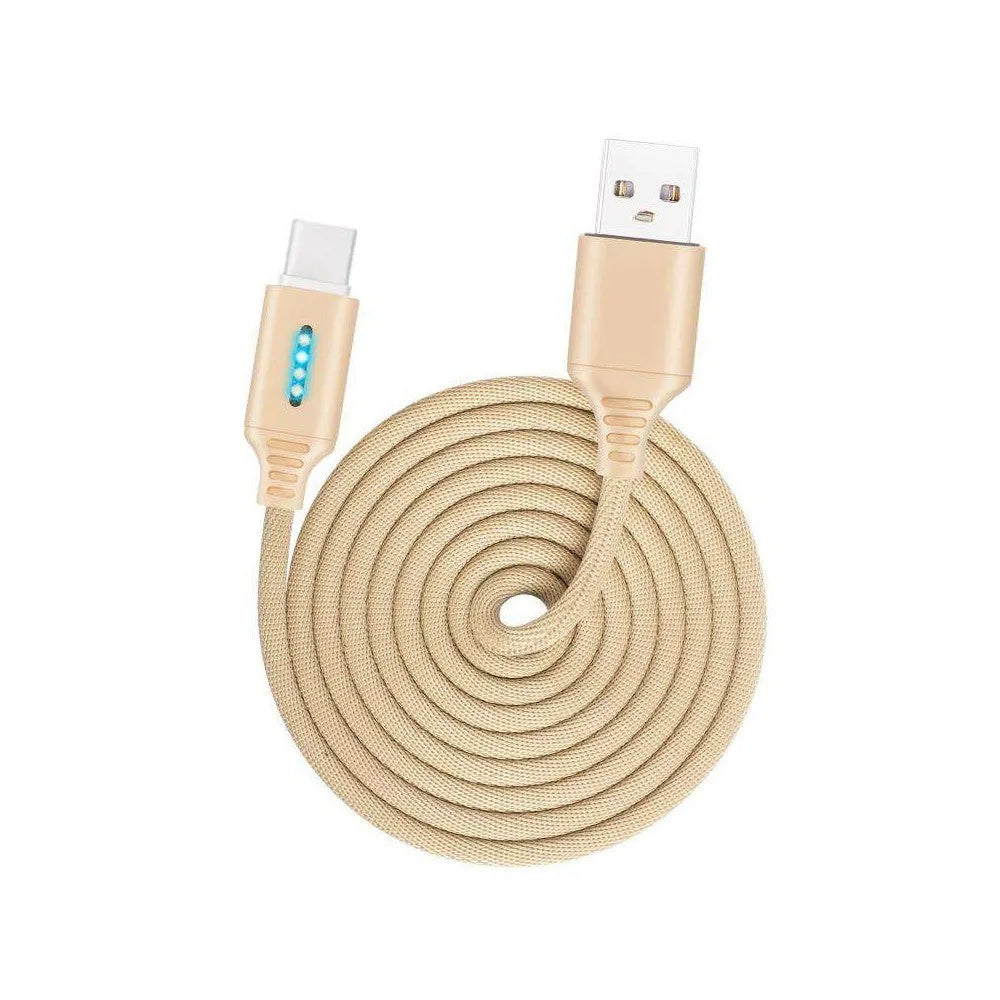 Black fabric braided USB charging cable with Type-C and standard USB connectors, 1 metre long.