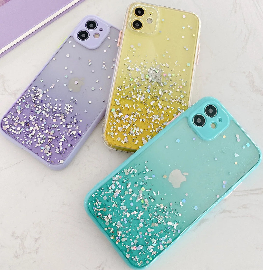 Silicone back cover for iPhone with frosted marble IMD finish and epoxy glitter gradient in multiple colours