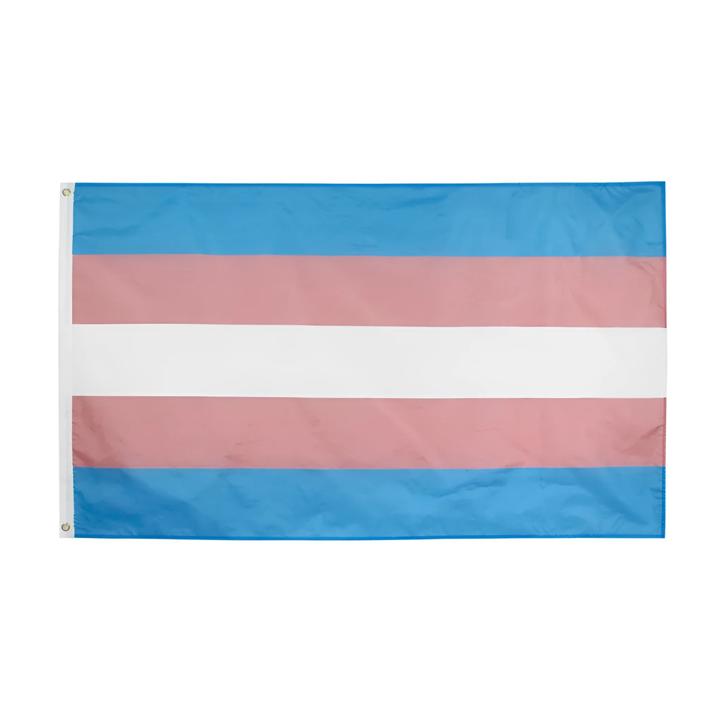 Transgender rainbow pride flag in polyester fibre, 90x150cm, displayed outdoors on a pole