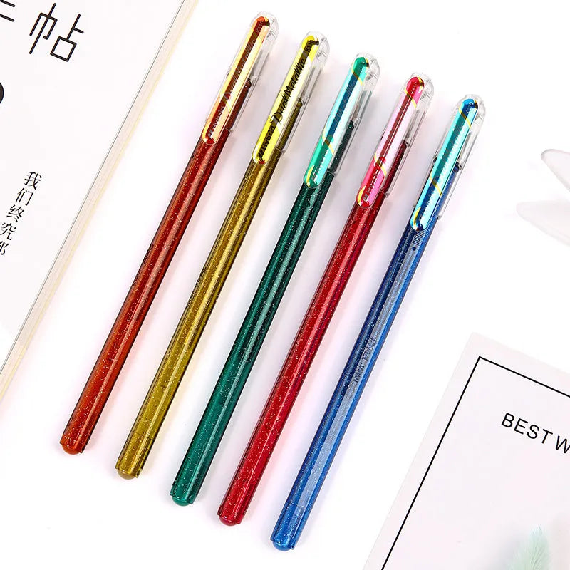 K110 pearlescent glitter 1.0mm gel pen in eight colour options showing black, blue, green, orange, pink, purple, silver, and yellow variations
