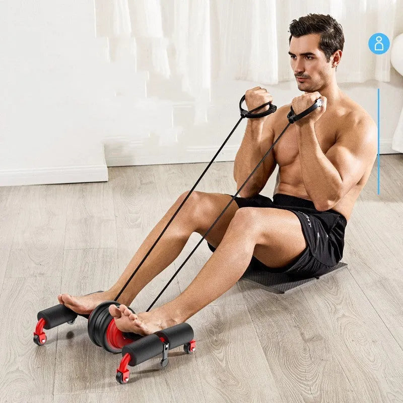 Foldable sit-up aid placed on a floor mat with foam padding and steel frame in black colour
