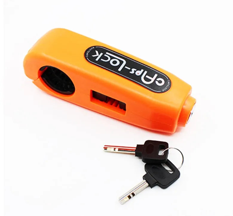 Caps motorcycle and scooter security lock in ABS+PC material, available in multiple colours, shown on a bike disc brake
