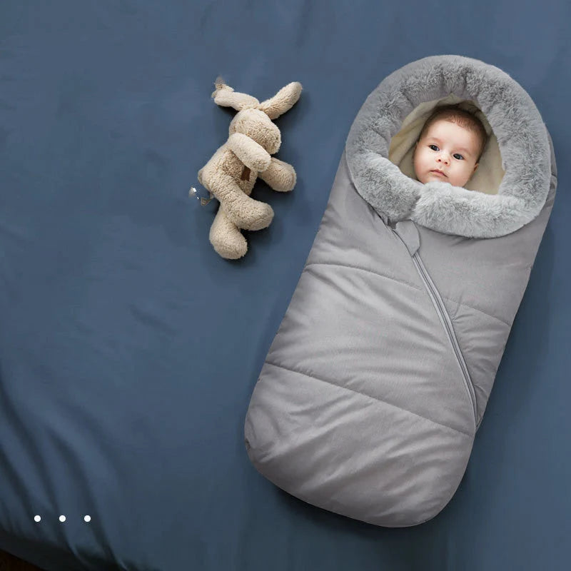 Winter windproof baby sleeping bag in grey, black, denim blue, and red options