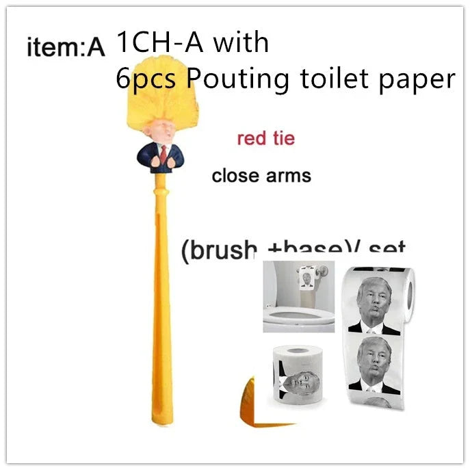 Bright yellow Trump-themed toilet brush with hanging slot