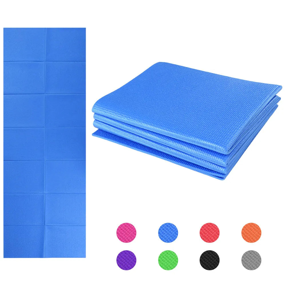 Folding non slip PVC yoga mat with high-density foam cushioning, side handles, and zipper cushion jacket, available in multiple colours