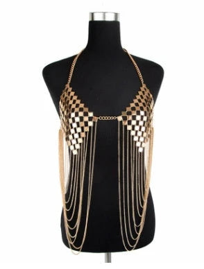 Women's golden and silver metal bra chain with tassel detail, adjustable for a perfect fit
