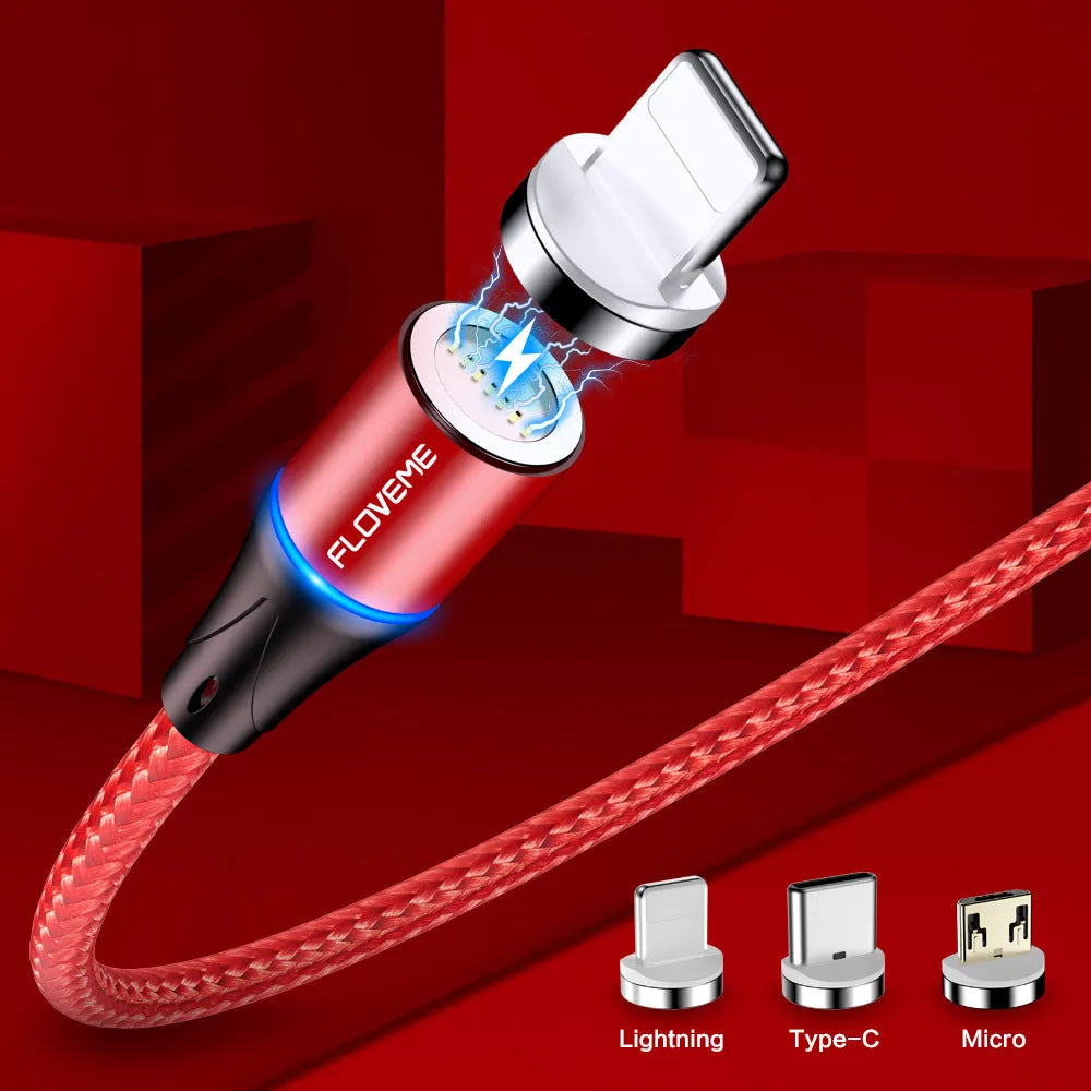 Black magnetic USB charging cable with LED light, compatible with Apple iPhone and Android phones