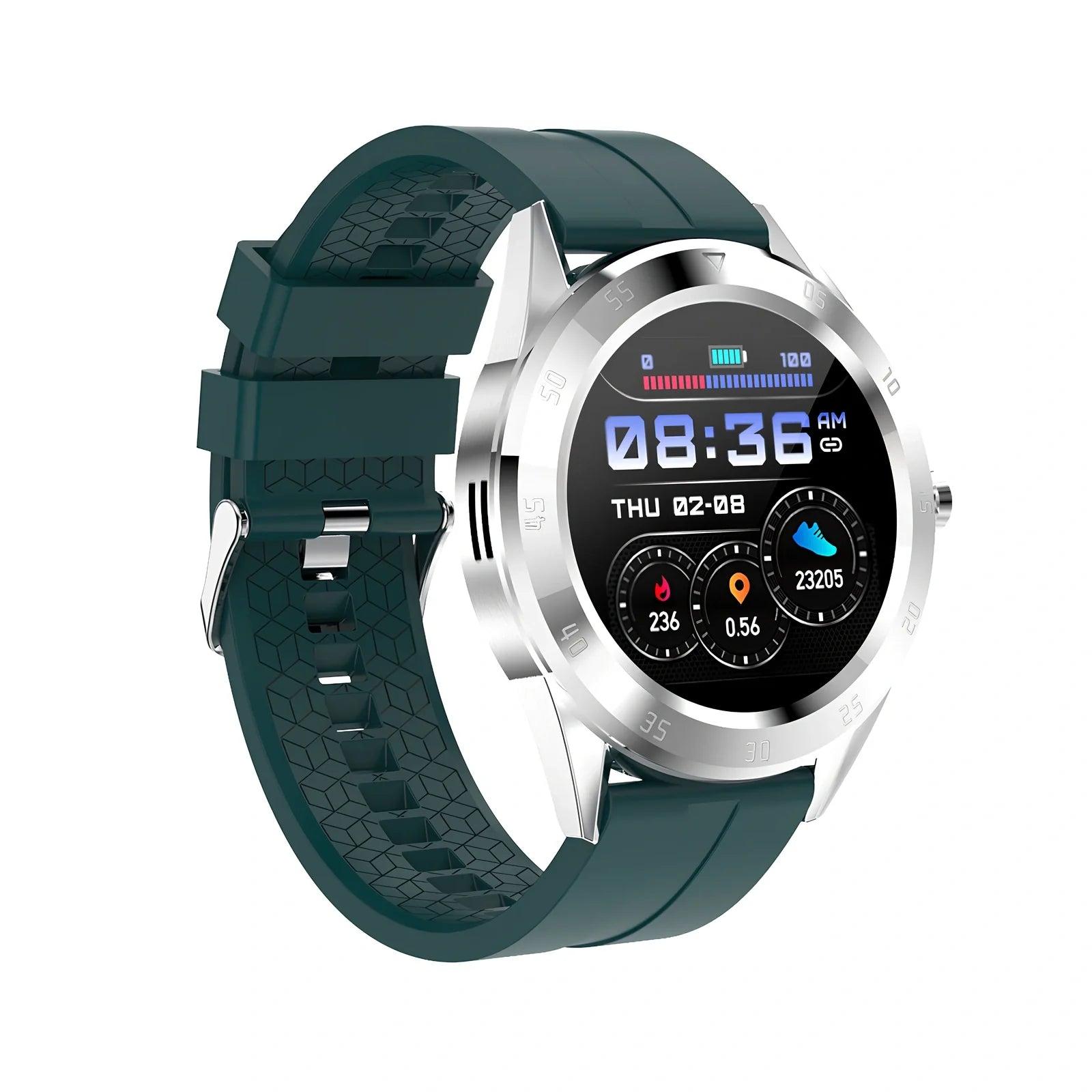 Black 1.2-inch pedometer watch with silicone strap, heart rate sensor, and 32GB storage for step tracking