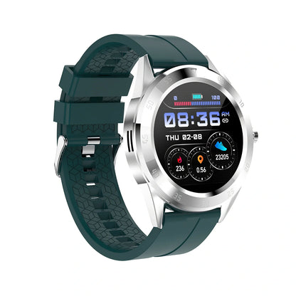 Black 1.2-inch pedometer watch with silicone strap, heart rate sensor, and 32GB storage for step tracking