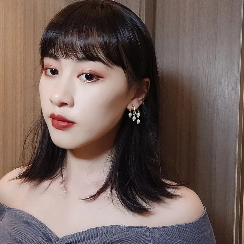 Pearl branch earrings for women, alloy silver gold finish, pearl inlay flower shape, white colour dangle drop earrings
