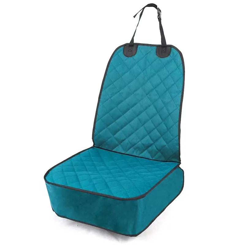 Oxford cloth pet car cushion in black on a co-pilot car seat with a dog sitting on it