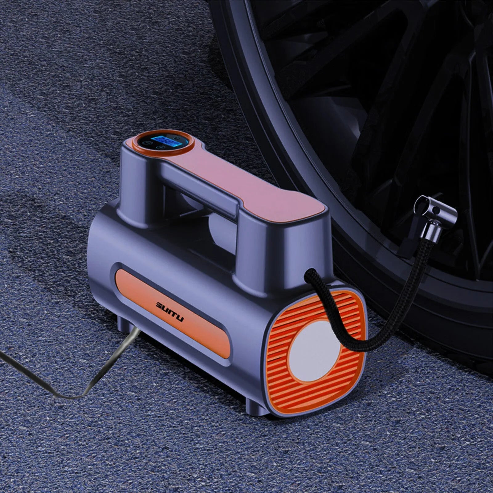 Portable 12V tyre inflator with digital display and rechargeable battery for car and bicycle tyres