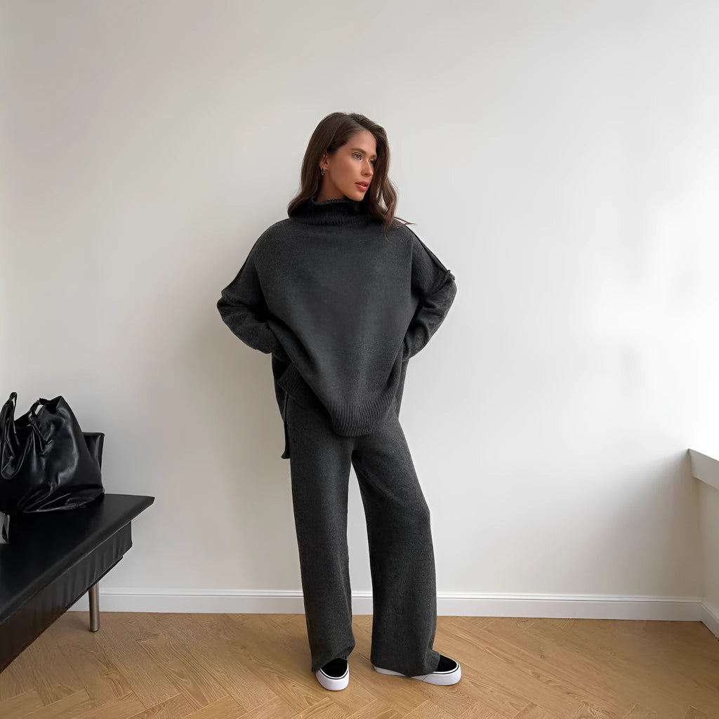 Women's dark grey acrylic knit suit set with side-slit sweater and trousers